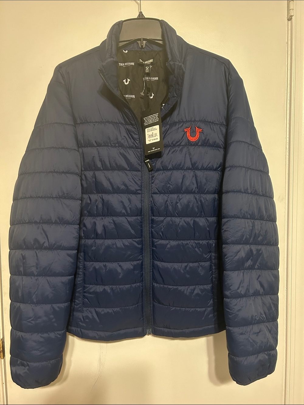 True Religion men’s  Navy Puffer Jacket with Red Logo Accent